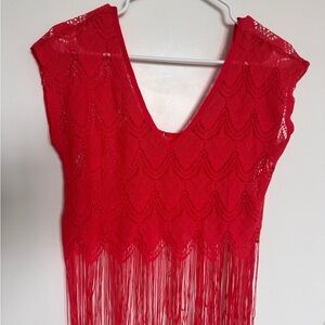 Red Lace Fringe Sleeveless V-Neck Sheer Lightweight Pullover Tank Top Women S